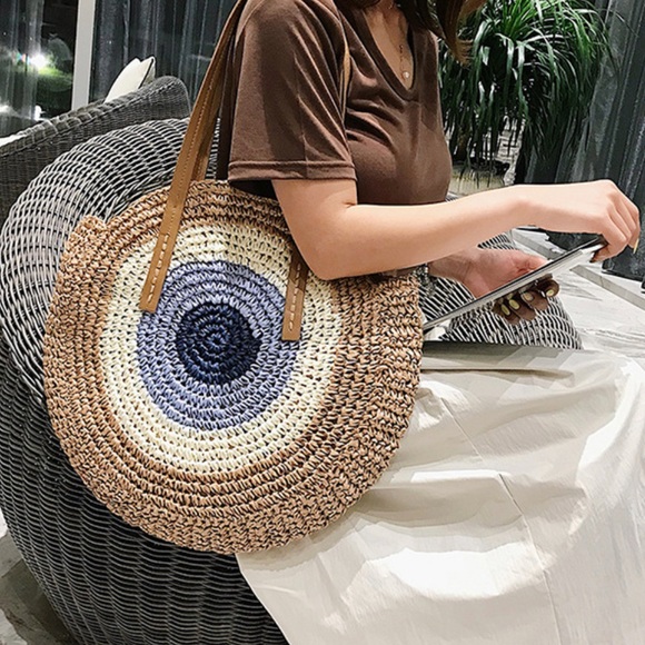 ❤️❤️❤️❤️Tan Basket Straw Top Handle Bag Beach Vacation Shoulder Tote Purse NEW - Picture 2 of 12